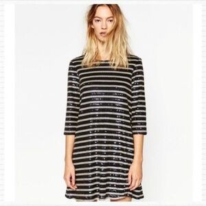 Zara Sequin Mini Dress Striped Shift Black Blue Metallic Cocktail Party Small